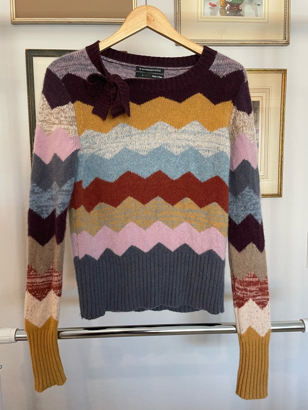Anthropologie Multicolor Chevron Bow-Accent Women's Pullover Crewneck Sweater